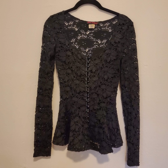 Betsey Johnson Tops - Betsey Johnson Button-Front Lace Peplum Top